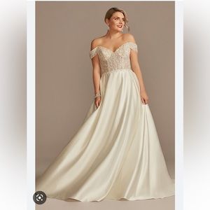 Off shoulder beaded satin wedding dress